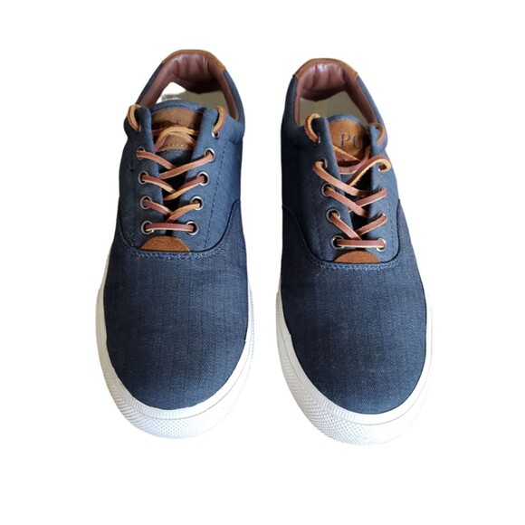 Polo Ralph Lauren  Men's Size US 11.5D Blue Canvas Thorton Brown Leather Sneaker - Picture 5 of 11